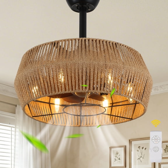 Chords Attic 18" 6-Light  Boho Ceiling Fan with Lights and Remote Control, Farmhouse Ceiling Fan with Natural Jute Rope Woven Drum Shade for Bedroom, Living Room, Patio