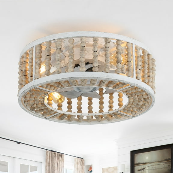 Oaks Aura 20" Bohemian Wood Beads Caged Ceiling Fan with Lights Remote 3-Speed Distressed White Reversible Ceiling Fan