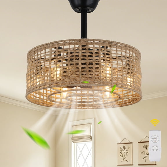 Chords Attic Boho Farmhouse Woven Hemp Rope Caged Ceiling Fan with Lights and Remote Control, 3 Speeds, 6-Light Fandelier for Bedroom, Living Room, Kitchen