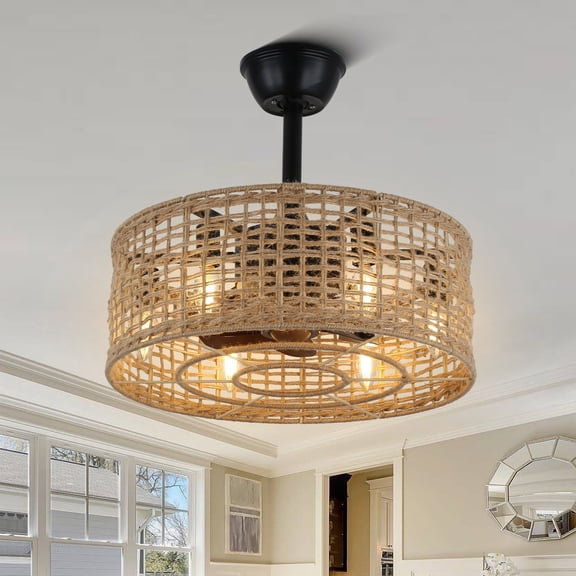Chords Attic Boho Farmhouse Woven Hemp Rope Caged Ceiling Fan with Lights and Remote Control, 3 Speeds, 6-Light Fandelier for Bedroom, Living Room, Kitchen