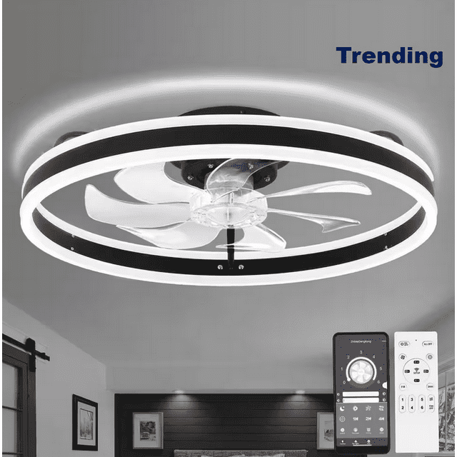 Oaks Aura 20in. LED Indoor Black Bladeless Low Profile Ceiling Fan Flush Mount Smart App Remote Control Dimmable Lighting