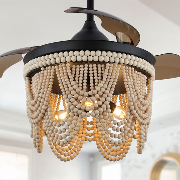 Chords Attic 42” Boho Beaded Ceiling Fan with Light and Remote, DC Quiet Motor 6 Speed Farmhouse Chandelier Fan Light Fixture for Living Room, Bedroom