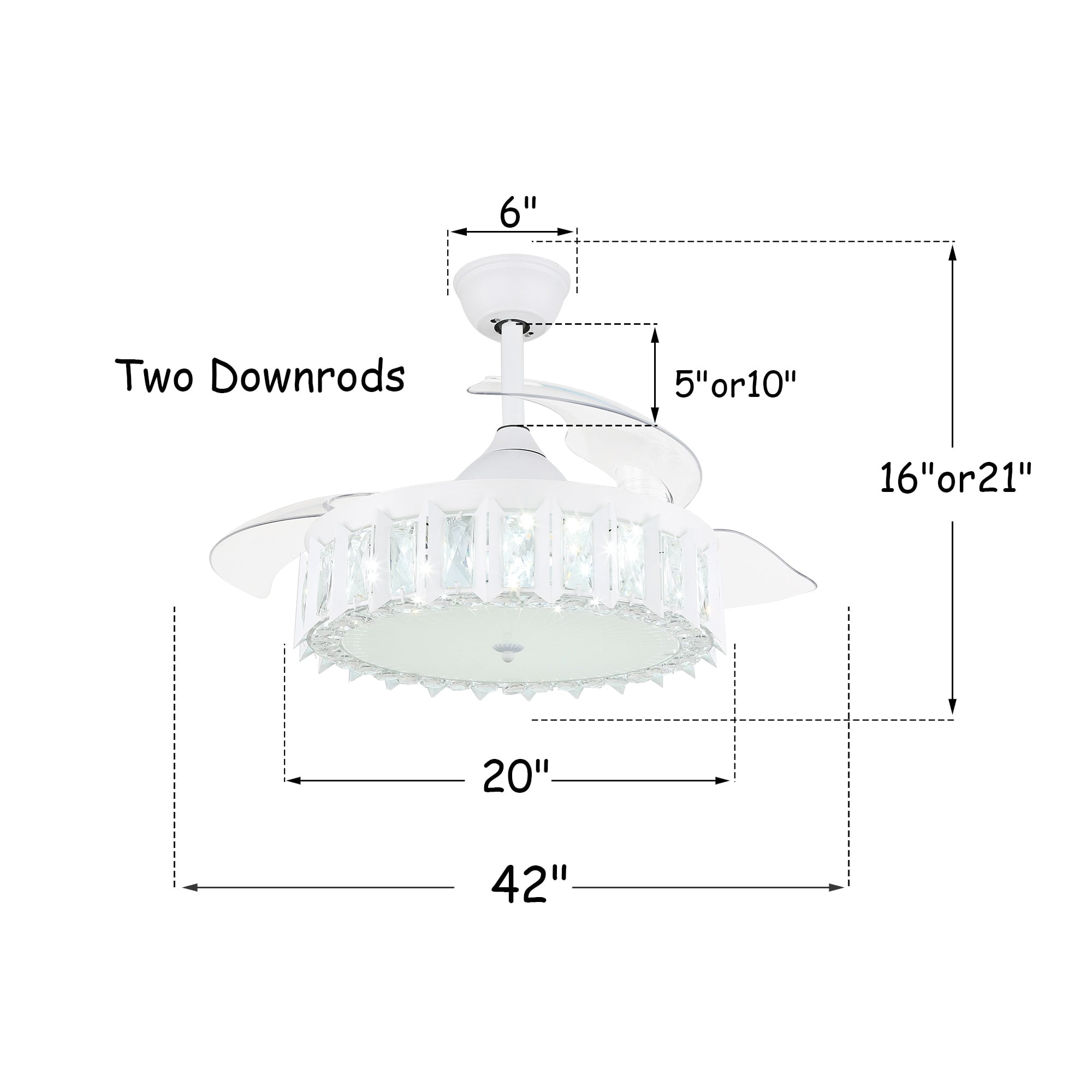 Oaks Aura 42in.Glam Crystal Invisible Ceiling Fan with Retractable