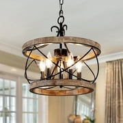 Oaks Aura 5-Light Wood Farmhouse Drum Chandelier Adjustable Height Pendant Lighting for Dining Room