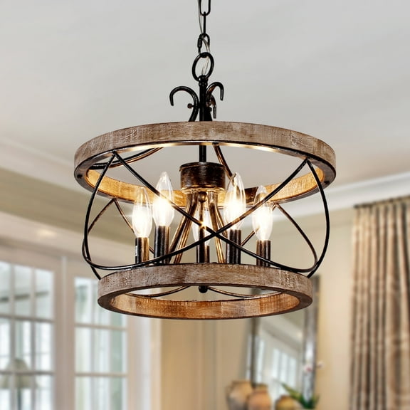 Oaks Aura 5-Light Wood Farmhouse Drum Chandelier Dining Room Adjustable Height Pendant Lighting