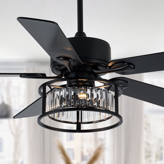 Chords Attic 52" Black Crystal Ceiling Fan with Light and Remote Control, 6 Speed DC Motor Farmhouse Industrial Cage Fandelier for Living Room, Bedroom