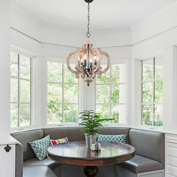 Oaks Aura French Country Cottage Crown Wood Chandelier, 6-Light Shabby Chic Farmhouse Wood Ceiling Light Weathered Wood