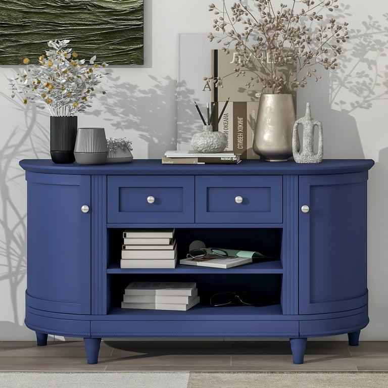Low Blue TV Cabinet with Oak Reeded Trim - Transitional - Living Room