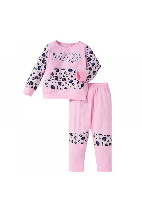 2pcs Toddler Baby Girls Sweatsuit Clothes Set Leopard Print Splicing Top+Long Pants Clothing Suit