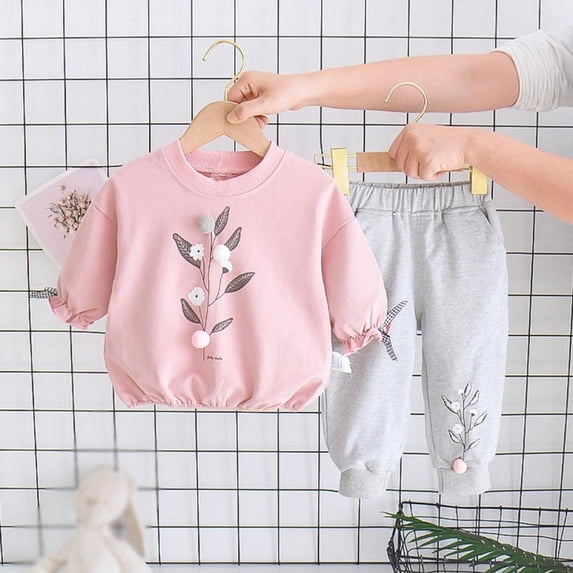 Oaktree Baby Kids Girl Casual Winter Warm Cartoon Print round Neck Long-Sleeved Sweater Trousers 2Pcs Set