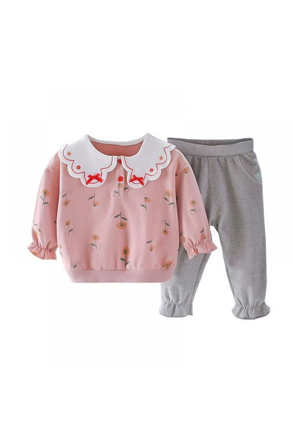 Baby Kids Girl Casual Winter Warm Cartoon Print round Neck Long-Sleeved Sweater Trousers 2Pcs Set