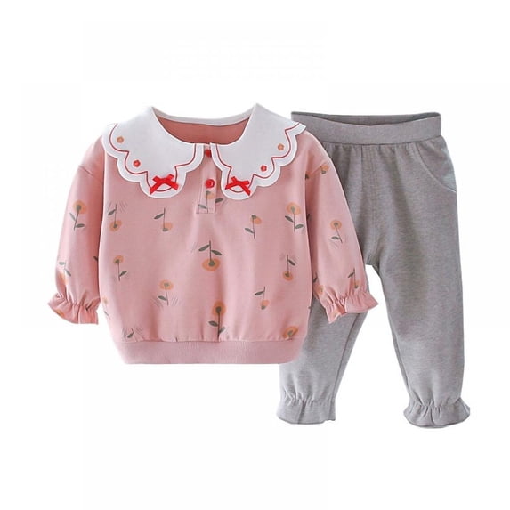 Oaktree Baby Kids Girl Casual Winter Warm Cartoon Print round Neck Long-Sleeved Sweater Trousers 2Pcs Set