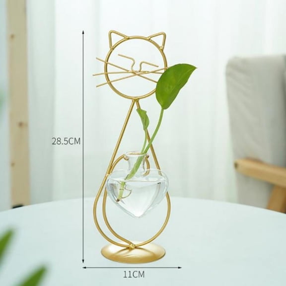 Hydroponic Plant Vases Cute Cat Flower Pot Transparent Vase Iron Frame Glass Tabletop Plants Home Bonsai Decor