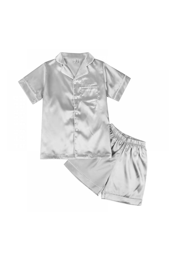 Little Boys Girls Short Satin Pajamas Set Classic Silk Pjs Toddler Kids 2 Piece Sleepwear Button-Down Short Sleeve 4-10T
