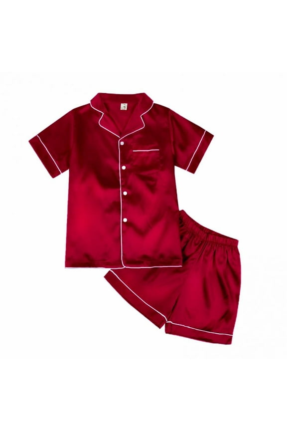 Little Boys Girls Short Satin Pajamas Set Classic Silk Pjs Toddler Kids 2 Piece Sleepwear Button-Down Short Sleeve 4-10T