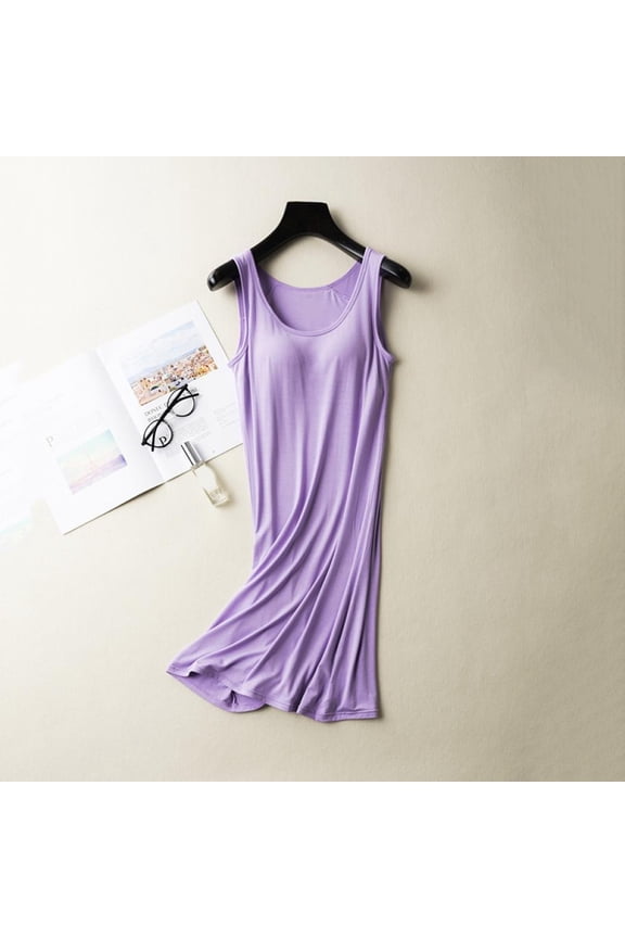 Oaktree Summer Women Sleeveless Vest Nightdress Comfort Chest Pad Sleepwear Autumn Loose Long Sleepshirt,M-2XL