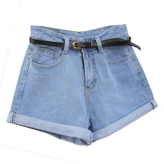 Oaktree Summer ladies casual denim shorts, retro high-waist curled hem stretch denim shorts, front buckle thin A-line wide-leg hot pants