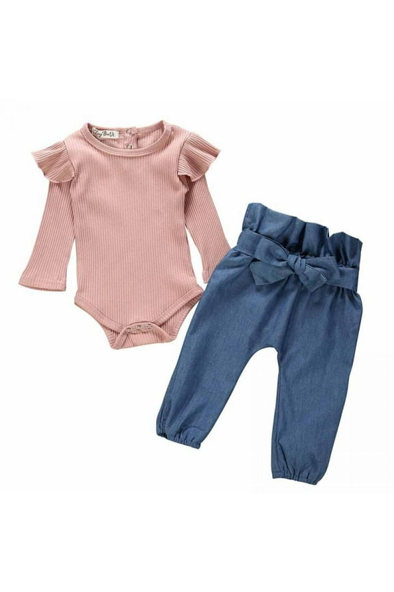 Toddler Baby Girl Solid Romper Clothes Tops Shirts + Long Denim Trousers Fall Clothing Set