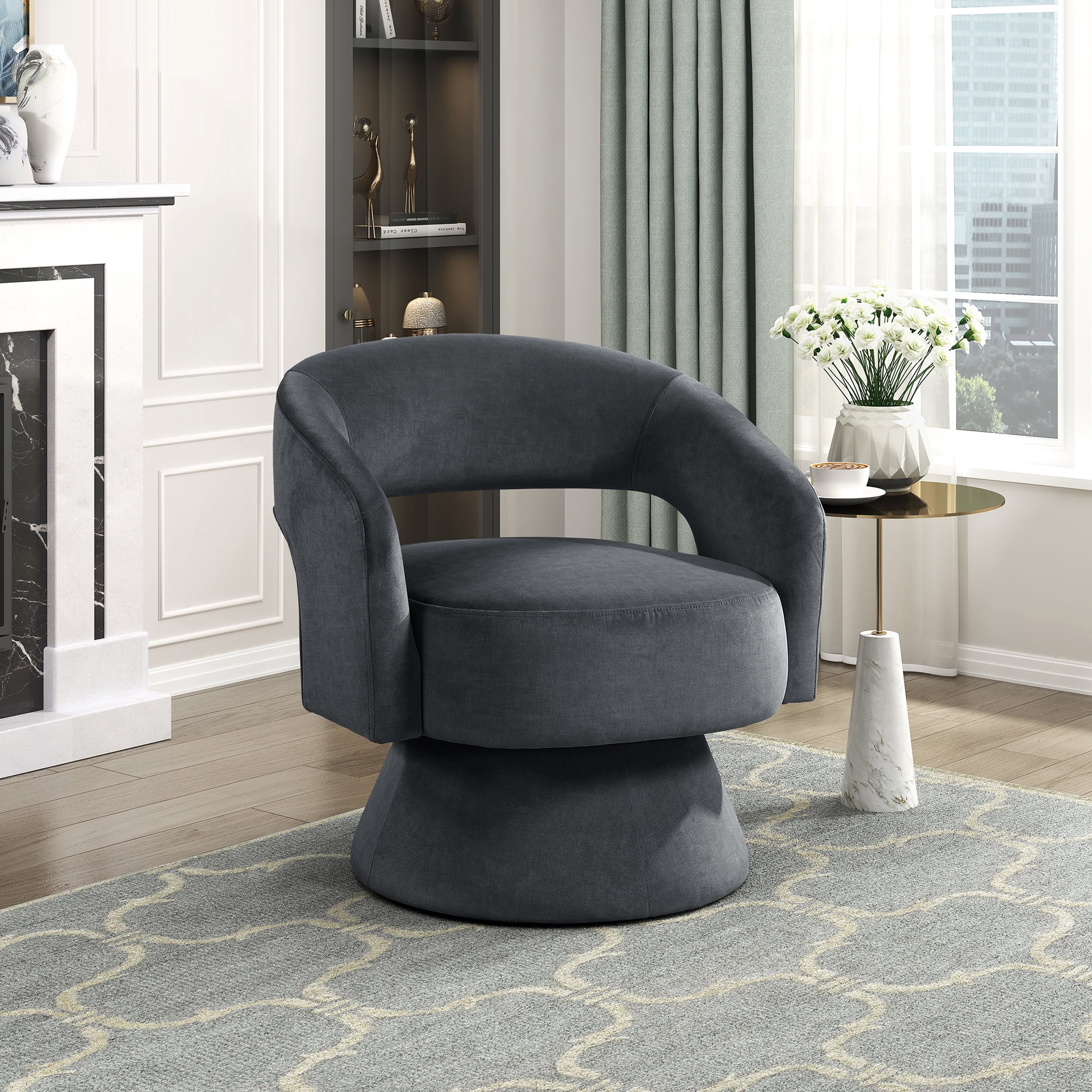 OakvillePark Alderwyn Velvet Swivel Chair with Round Base, Dark Gray