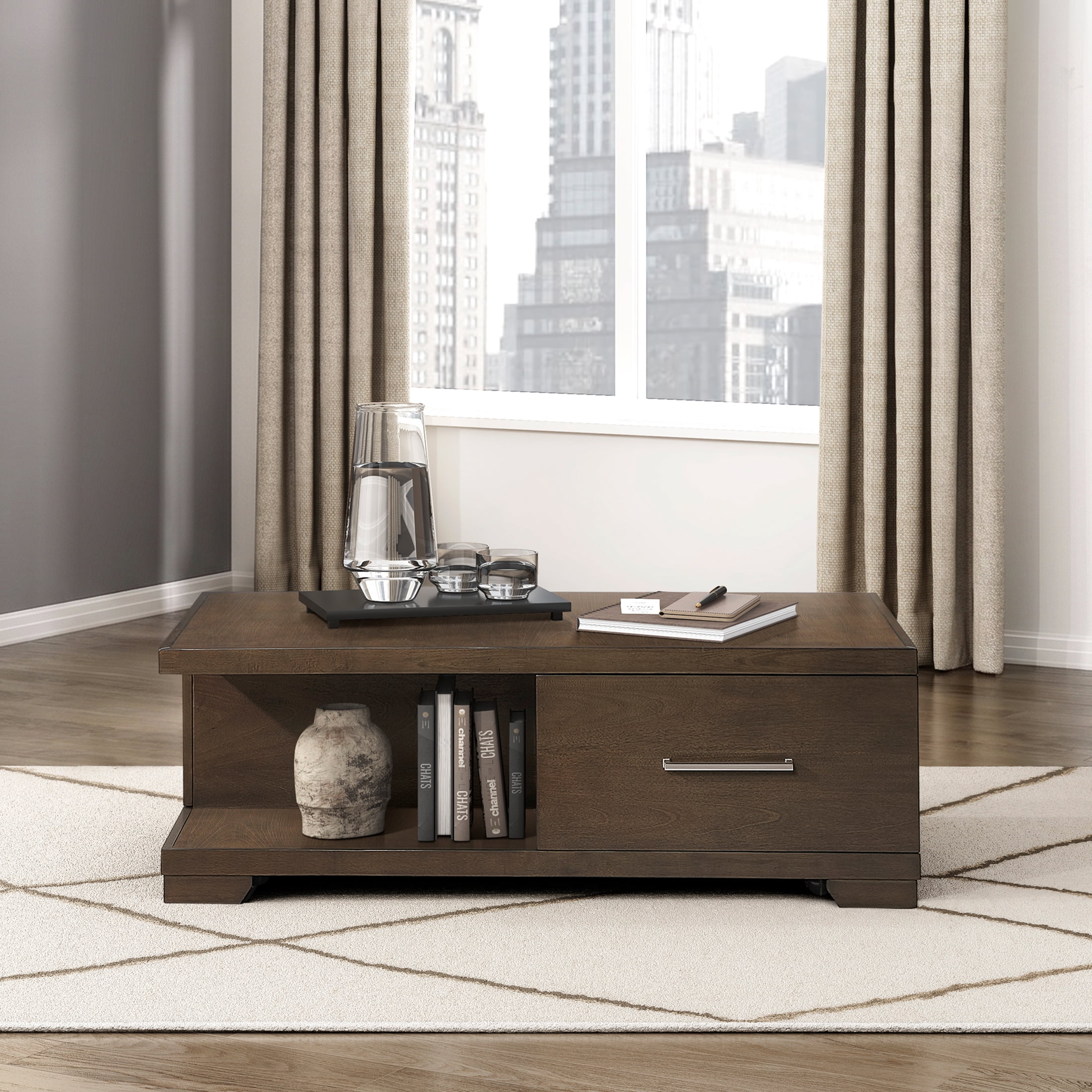 OakvillePark Alton Wood Cocktail Table, 1 Drawer, Hidden Storage with Doors, Casters, Espresso