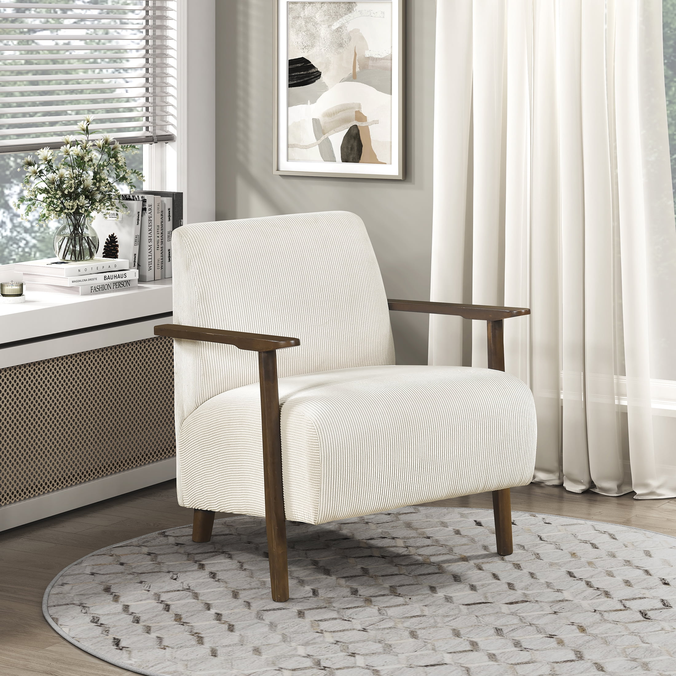 OakvillePark Aralune Corduroy Accent Chair, Beige and Brown Wood Finish