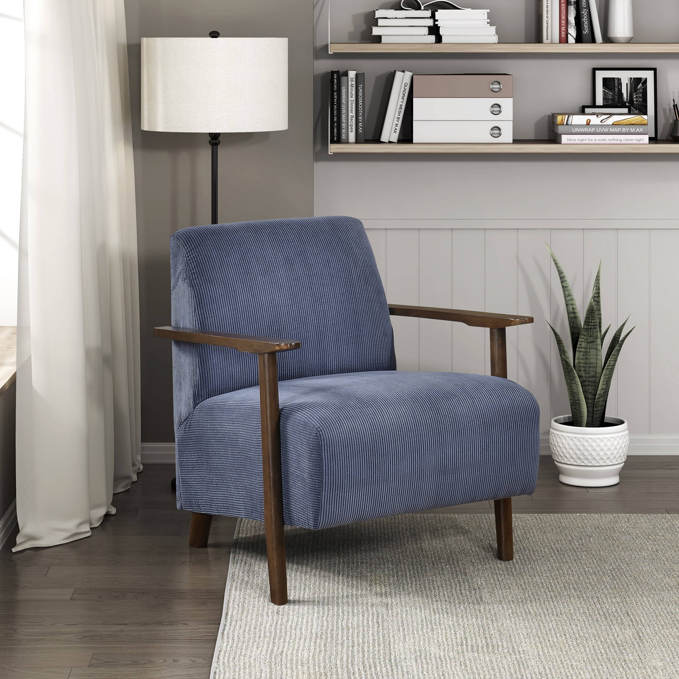 OakvillePark Aralune Corduroy Accent Chair, Blue and Brown Wood Finish