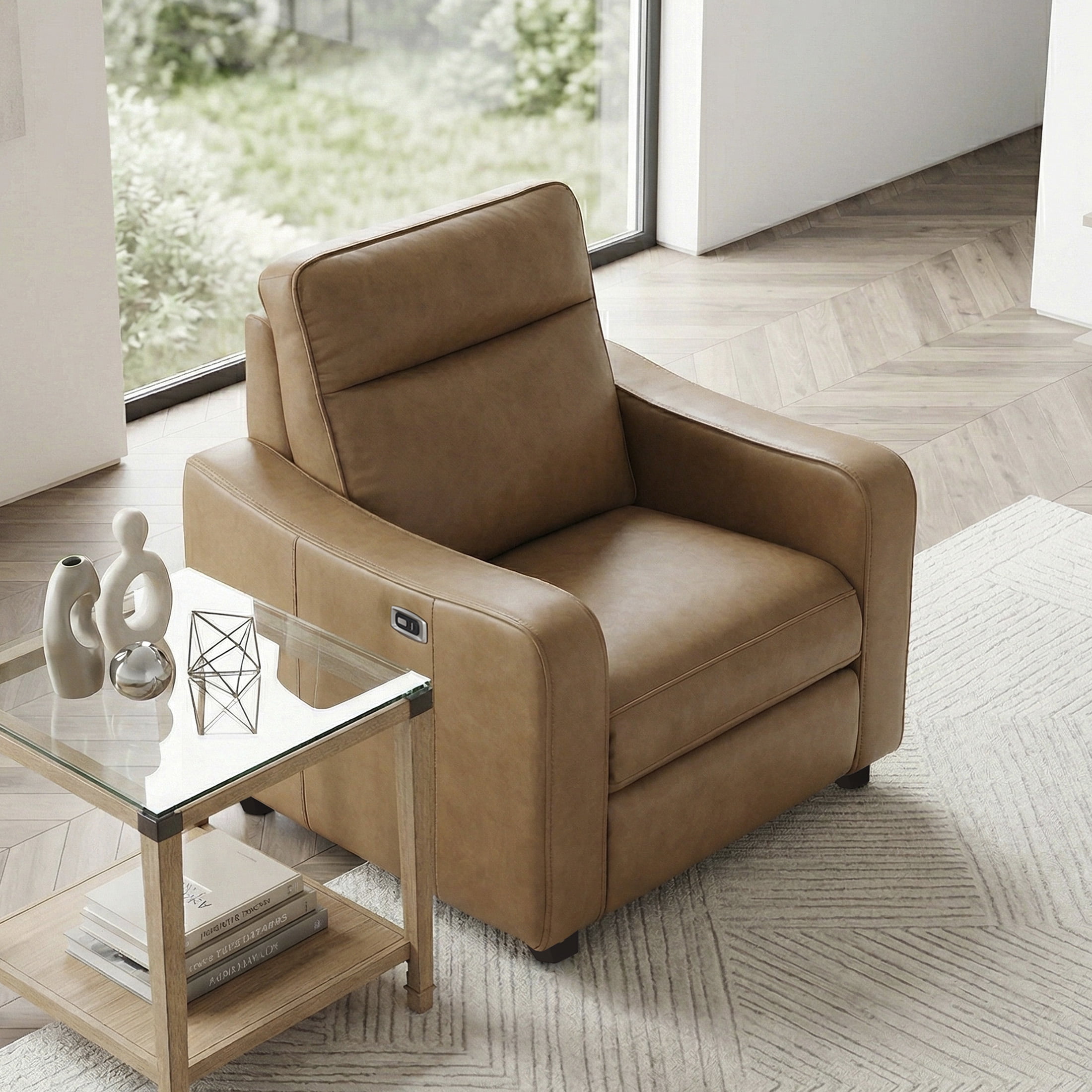 OakvillePark Ardena Faux Leather Power Reclining Chair with Curved Track Arms, Zero Wall Recliner, Brown