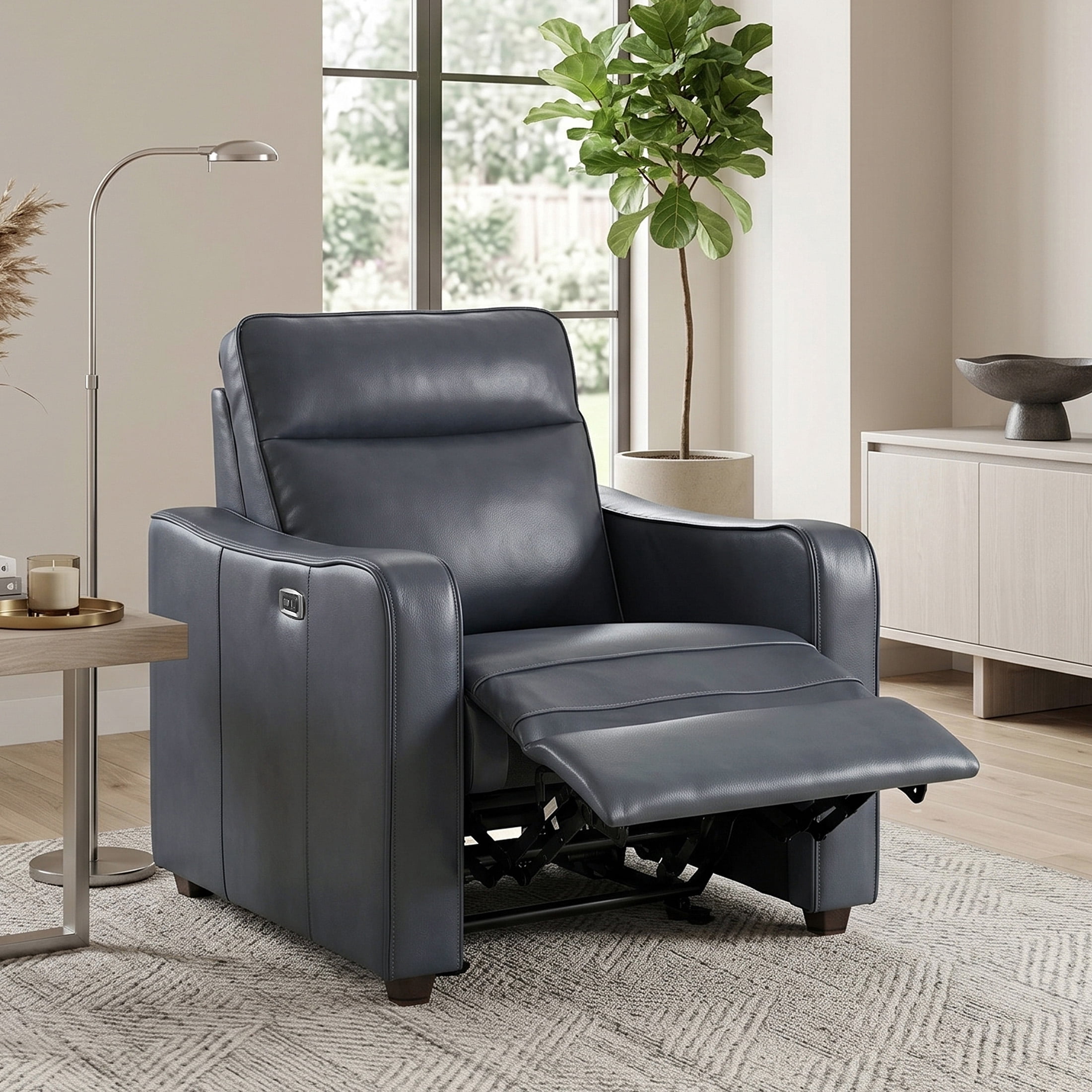 OakvillePark Ardena Faux Leather Power Reclining Chair with Curved Track Arms, Zero Wall Recliner, Navy