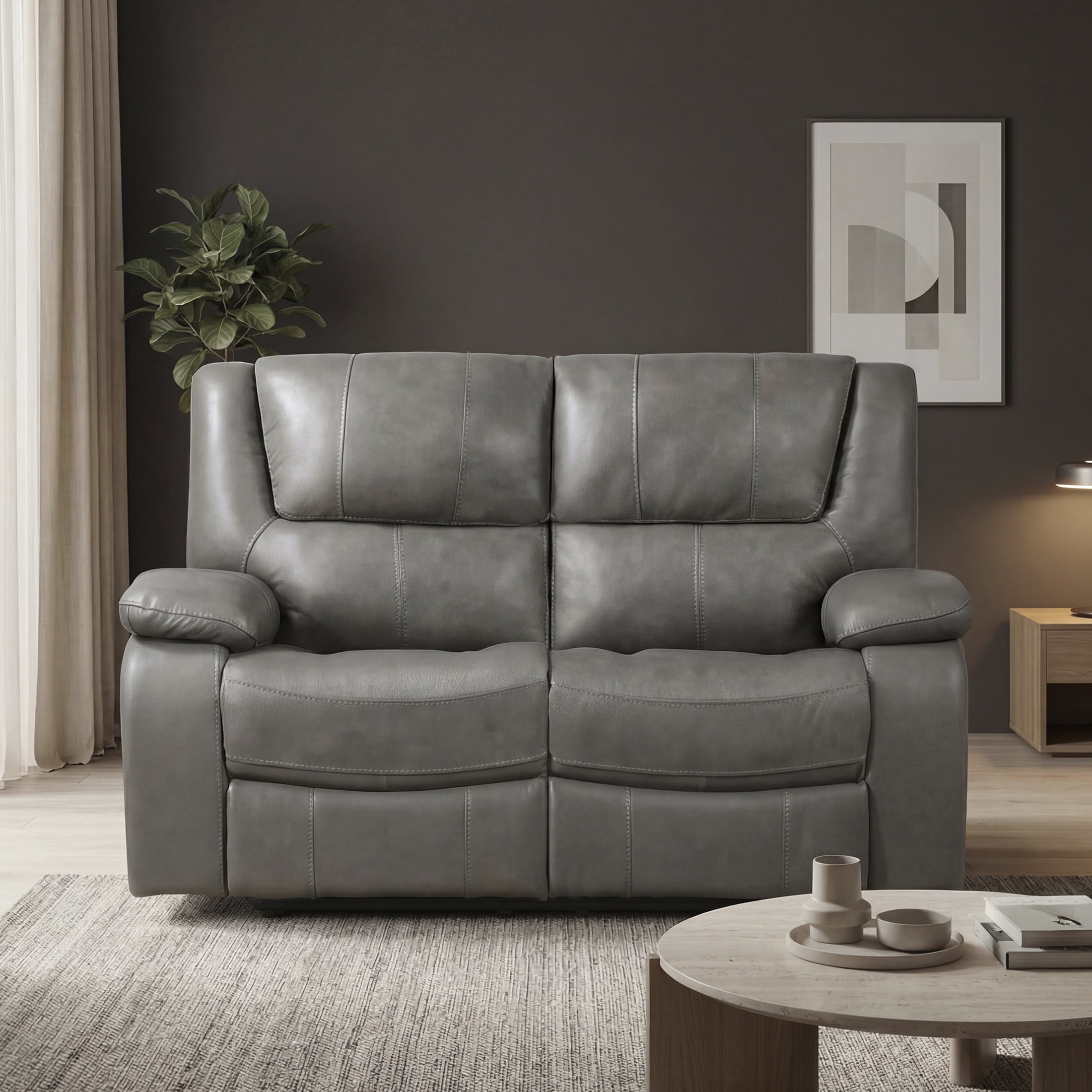 OakvillePark Arlisse Leather Match Manual Double Reclining Loveseat, Gray