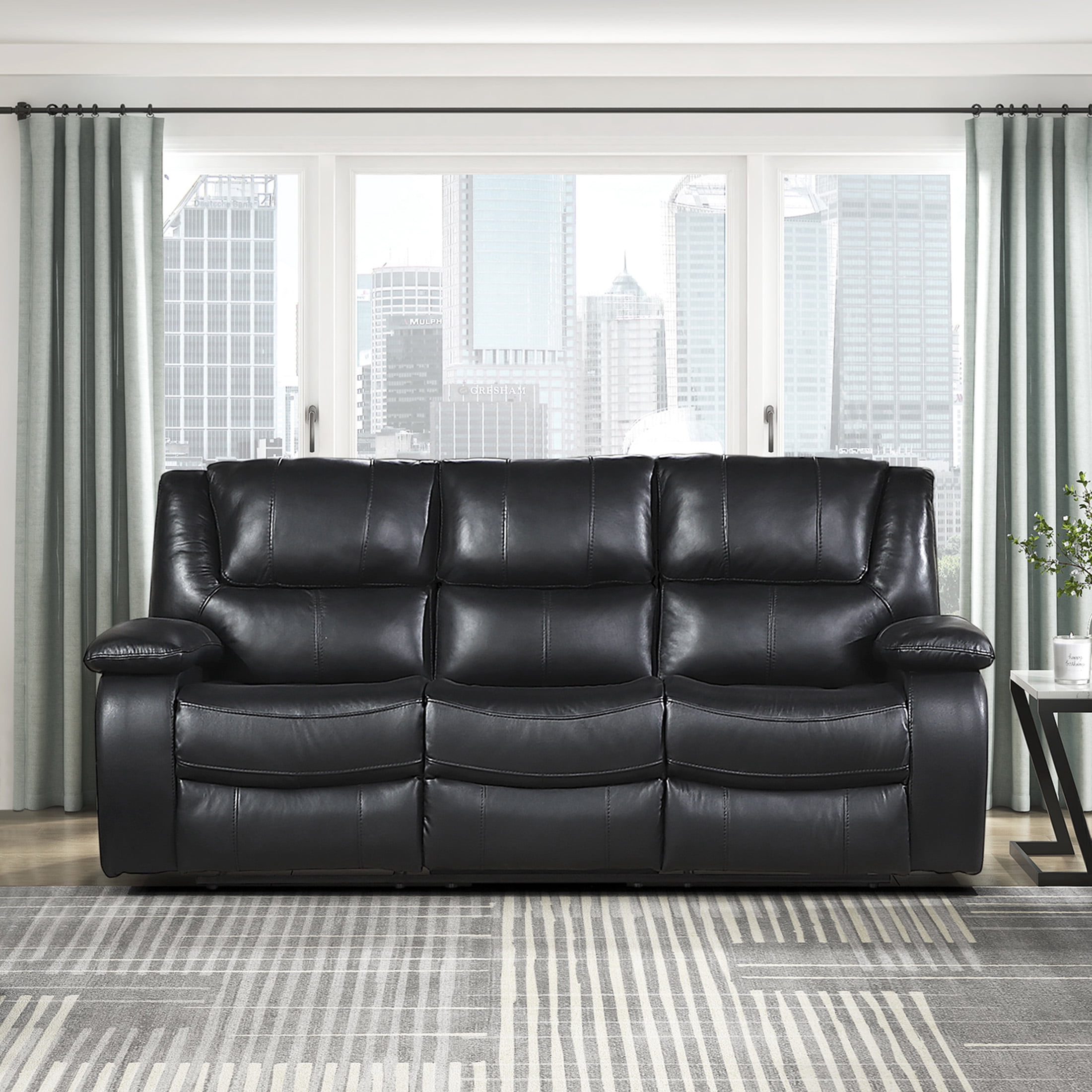 OakvillePark Arlisse Leather Match Manual Double Reclining Sofa, Black