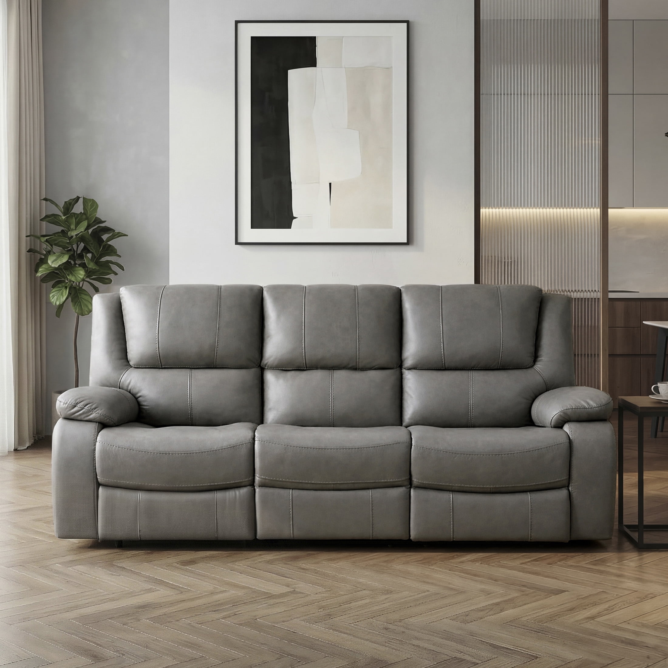 OakvillePark Arlisse Leather Match Manual Double Reclining Sofa, Gray