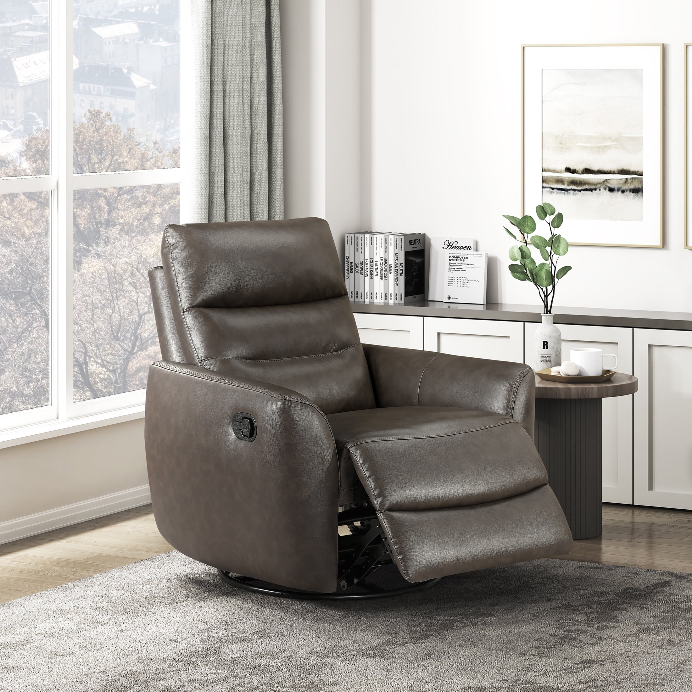 OakvillePark Ashwyn Bay Leather Match Swivel Glider Reclining Chair, Dark Brown
