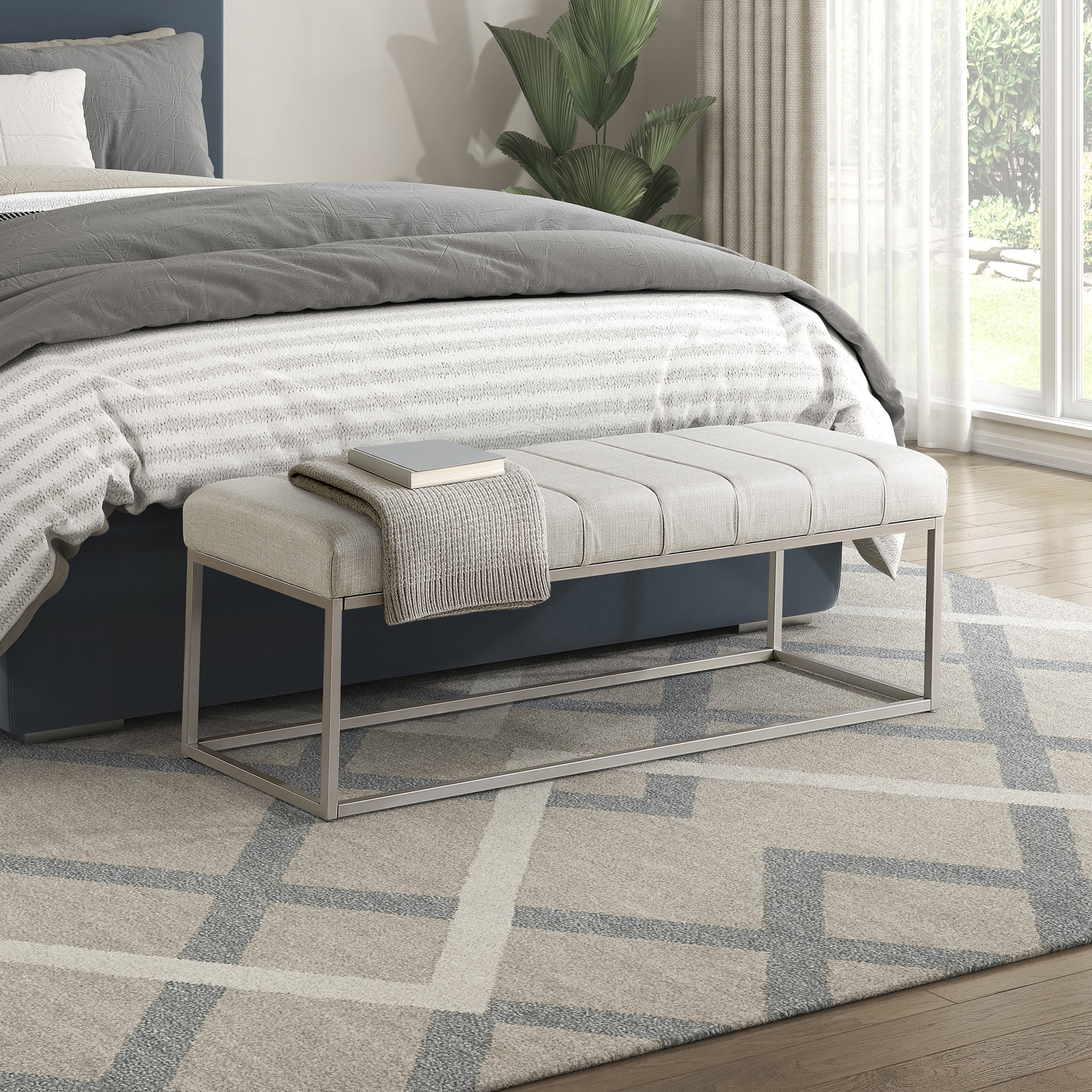 OakvillePark Avelith Metal Frame Textured Fabric Bench, Beige