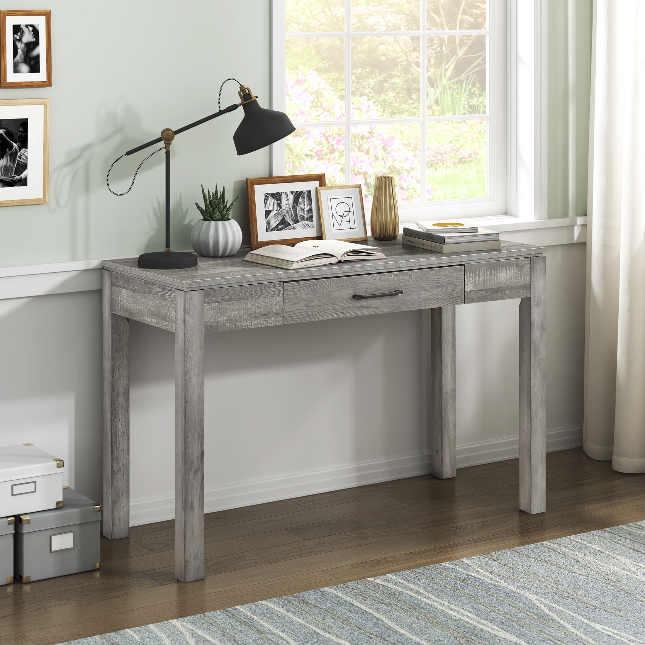 OakvillePark Avenshire Wood Rectangle Writing Desk with Power Outlet and USB Charging Port, Gray