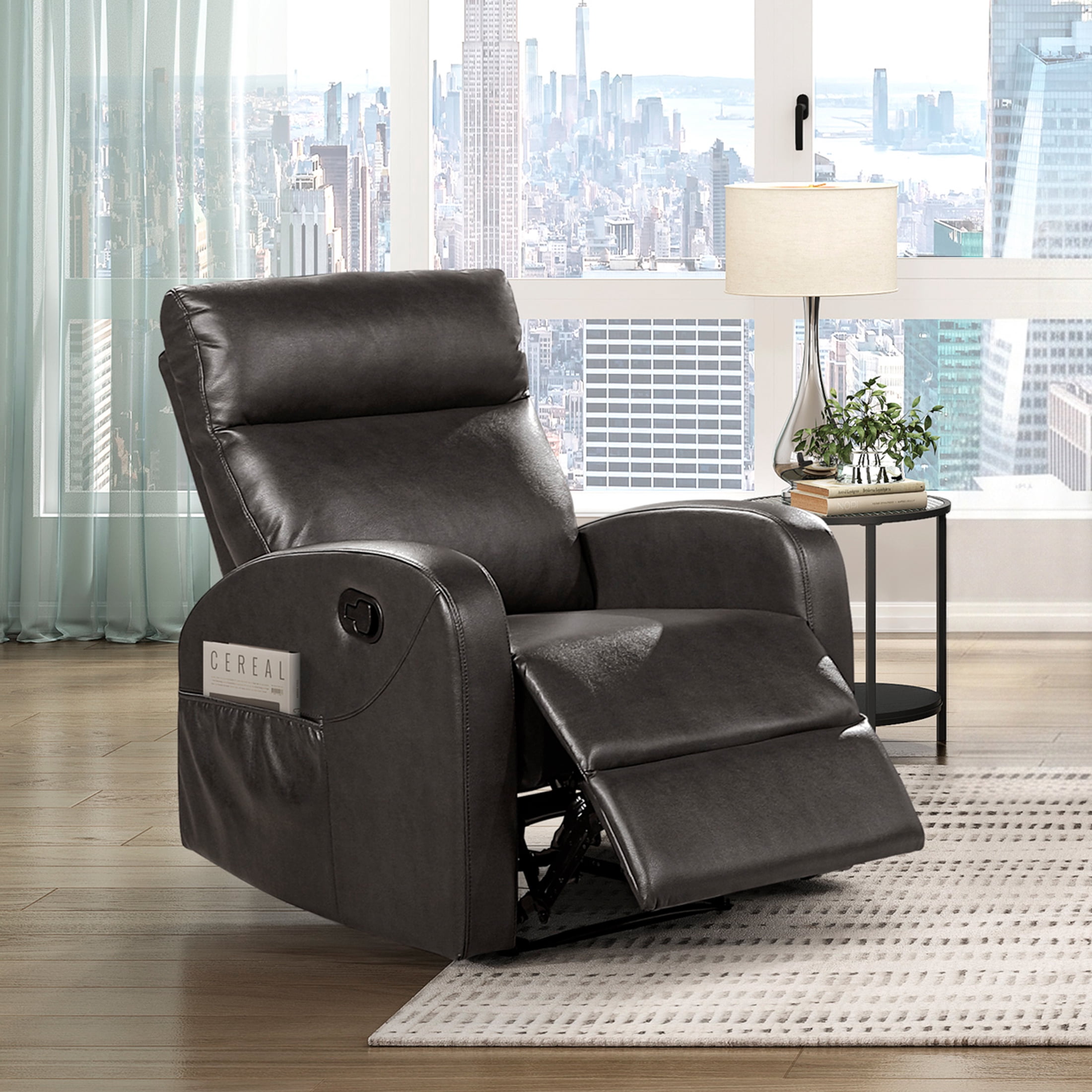 OakvillePark Brava Faux Leather Manual Reclining Chair with Armrest Side Pocket, Espresso