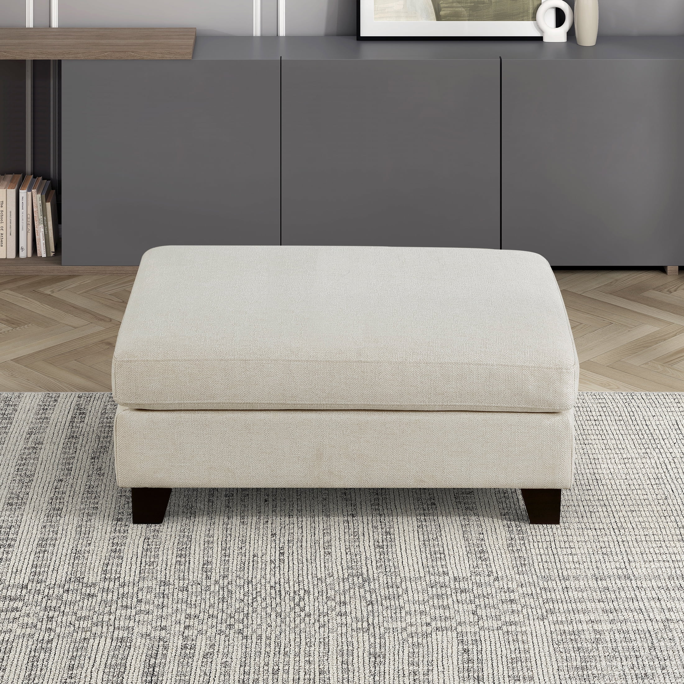 OakvillePark Caladune Textured Fabric Ottoman with Solid Wood Legs, Ivory