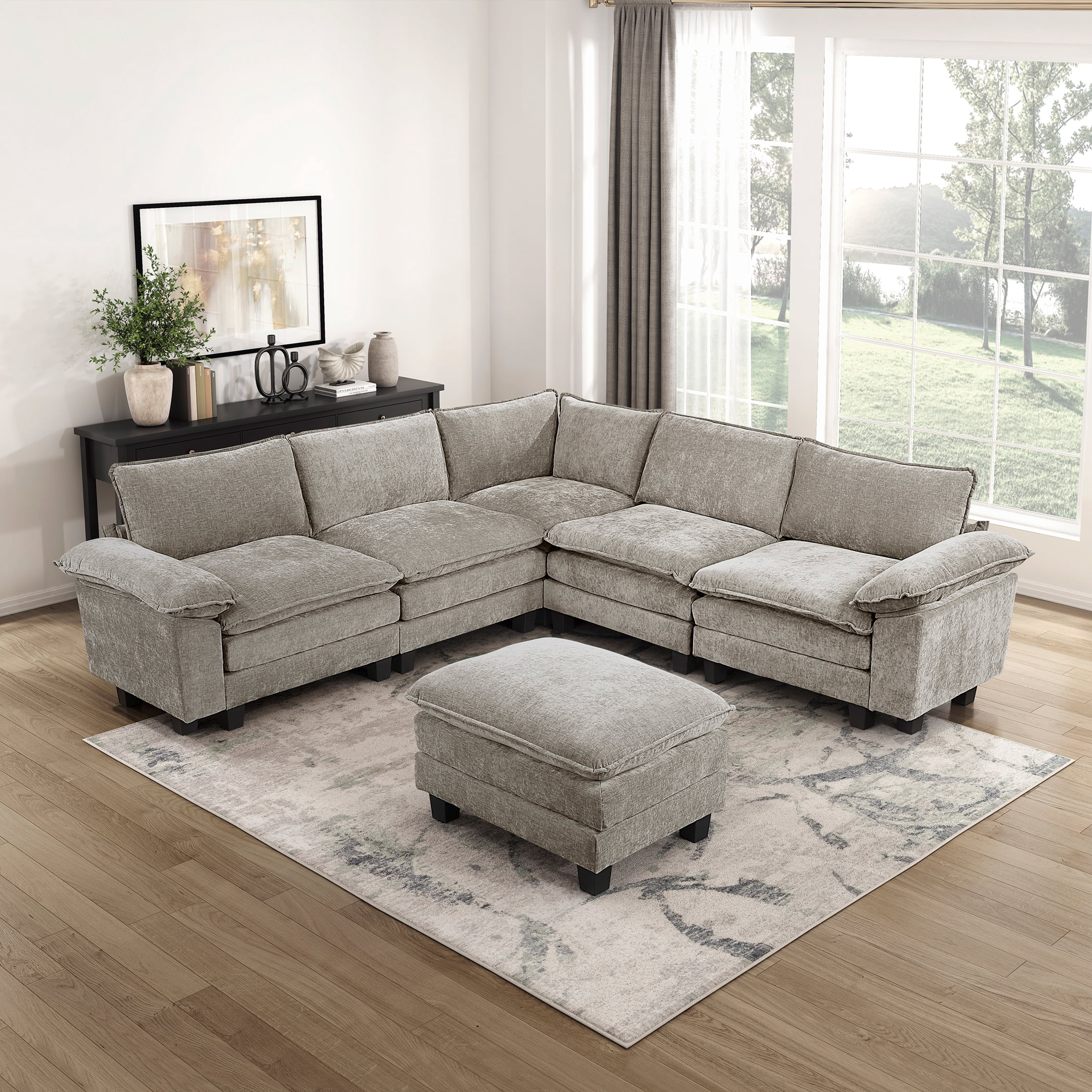 OakvillePark Corvan Chenille 6-Piece L-Shaped Modular Sectional with Ottoman, Dark Pewter