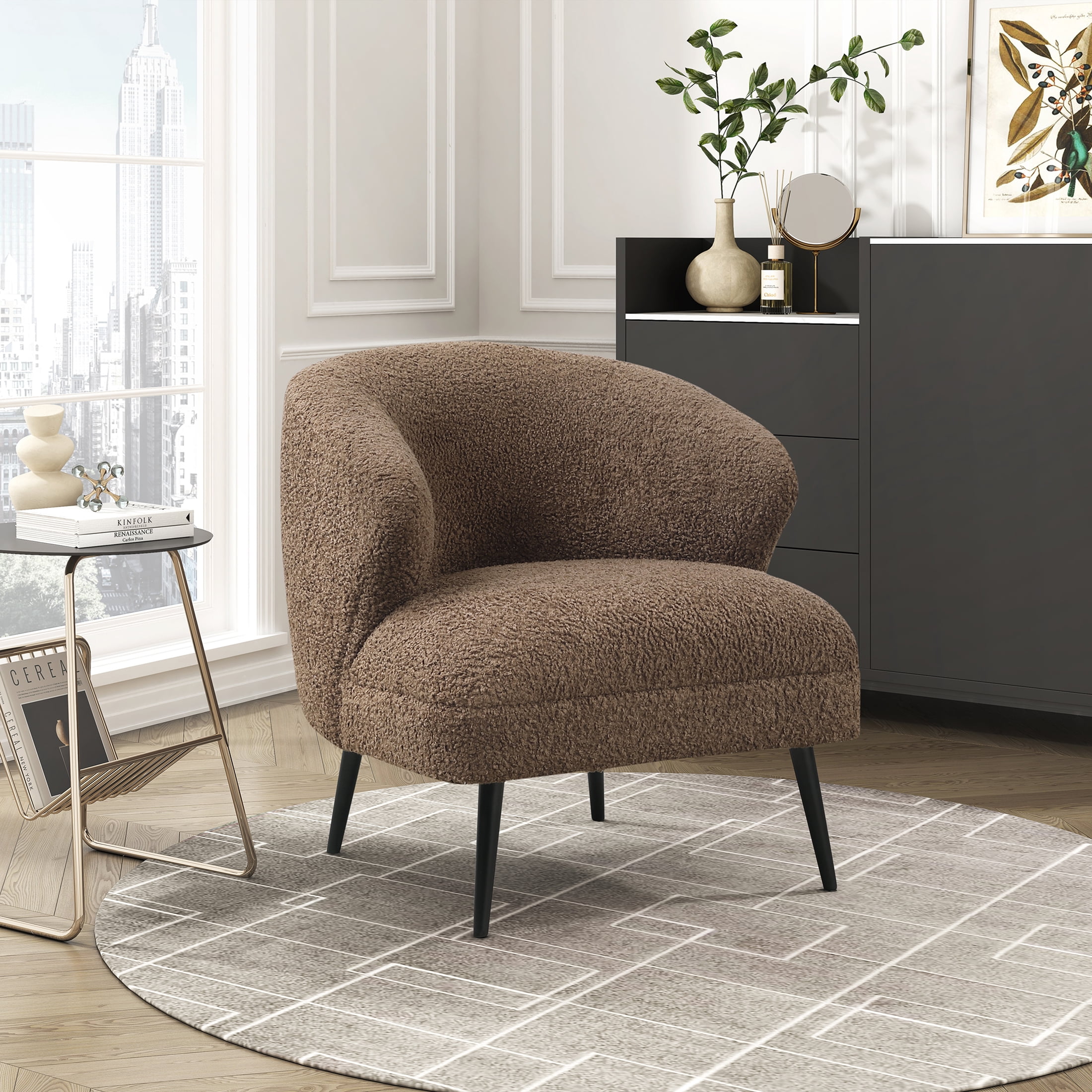 OakvillePark Crestlark Boucle Curved Back Accent Chair with Metal Legs, Brown