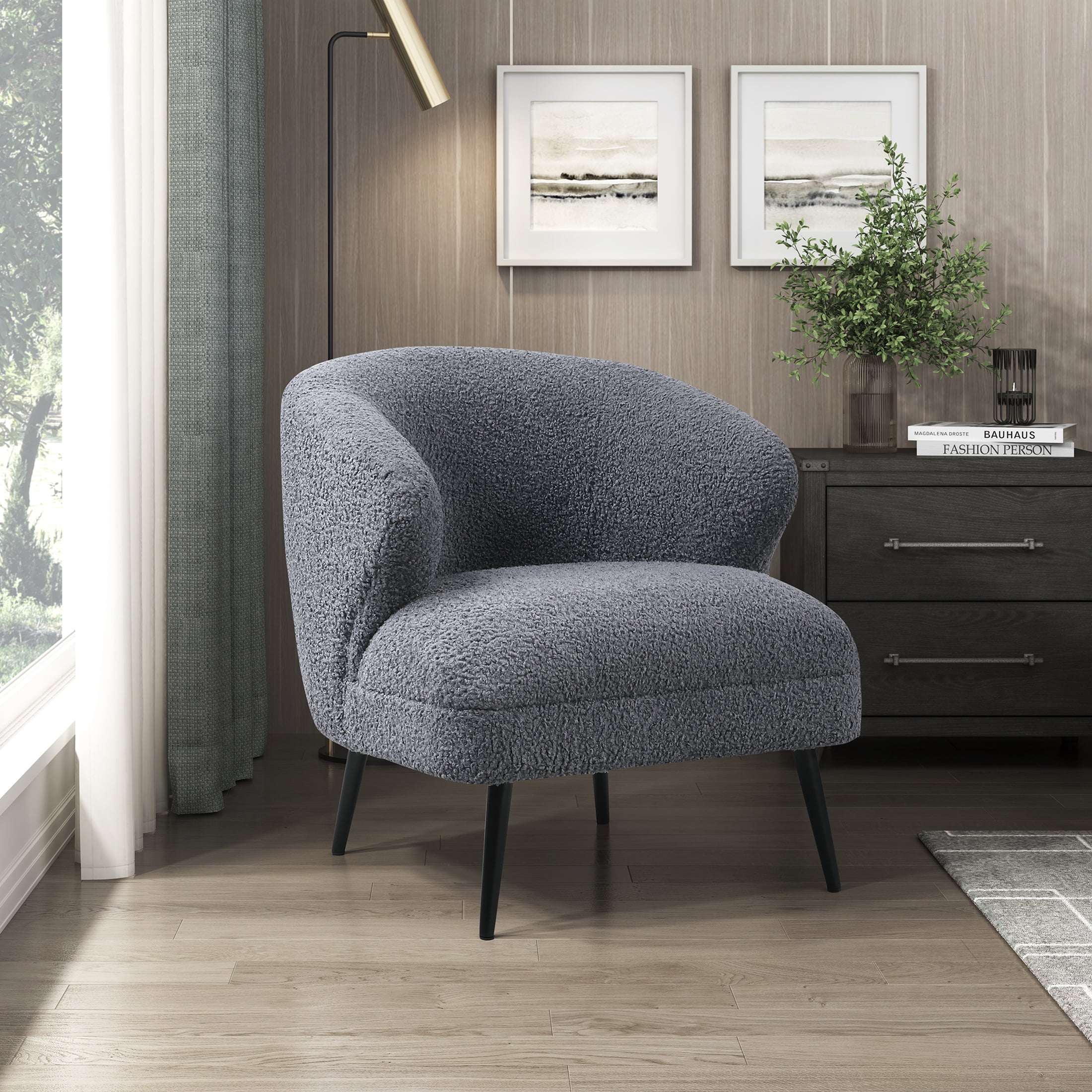 OakvillePark Crestlark Boucle Curved Back Accent Chair with Metal Legs, Dark Gray
