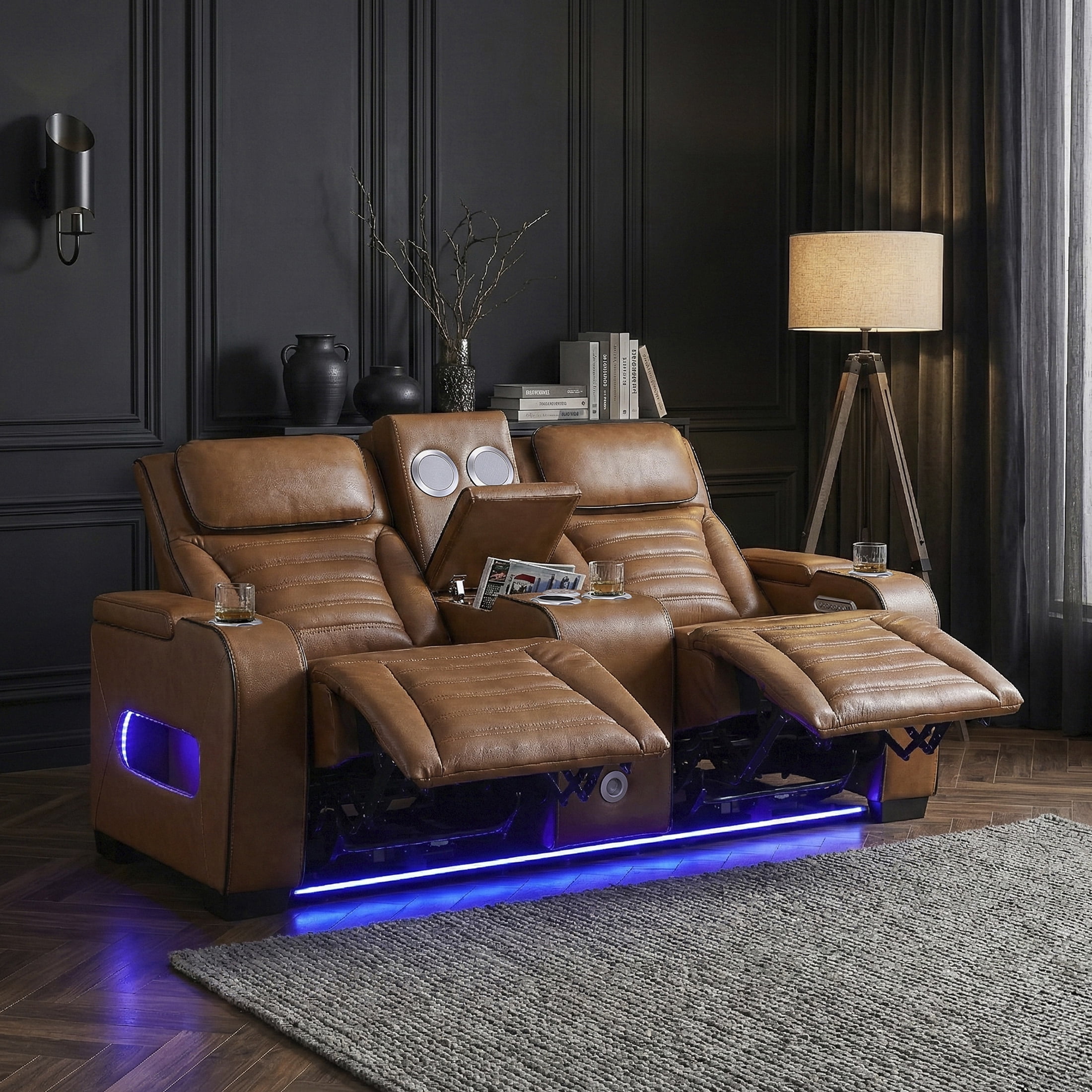 OakvillePark Elantra Leather Match Power Double Reclining Love Seat with Center Console/Power Headrests/Storage Arms/Cup Holders/Wireless speakers/Air Massage/Heat/LED Lighting/Charging Ports, Brown