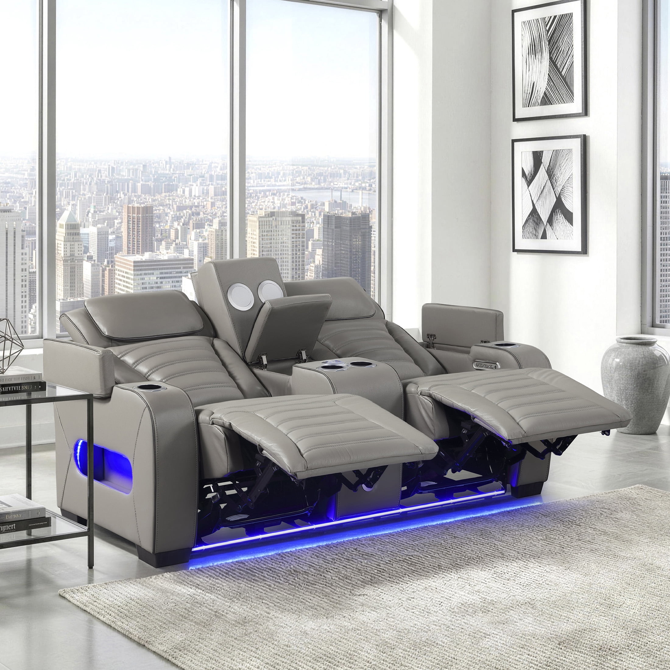 OakvillePark Elantra Leather Match Power Double Reclining Love Seat with Center Console/Power Headrests/Storage Arms/Cup Holders/Wireless speakers/Air Massage/Heat/LED Lighting/Charging Ports, Gray