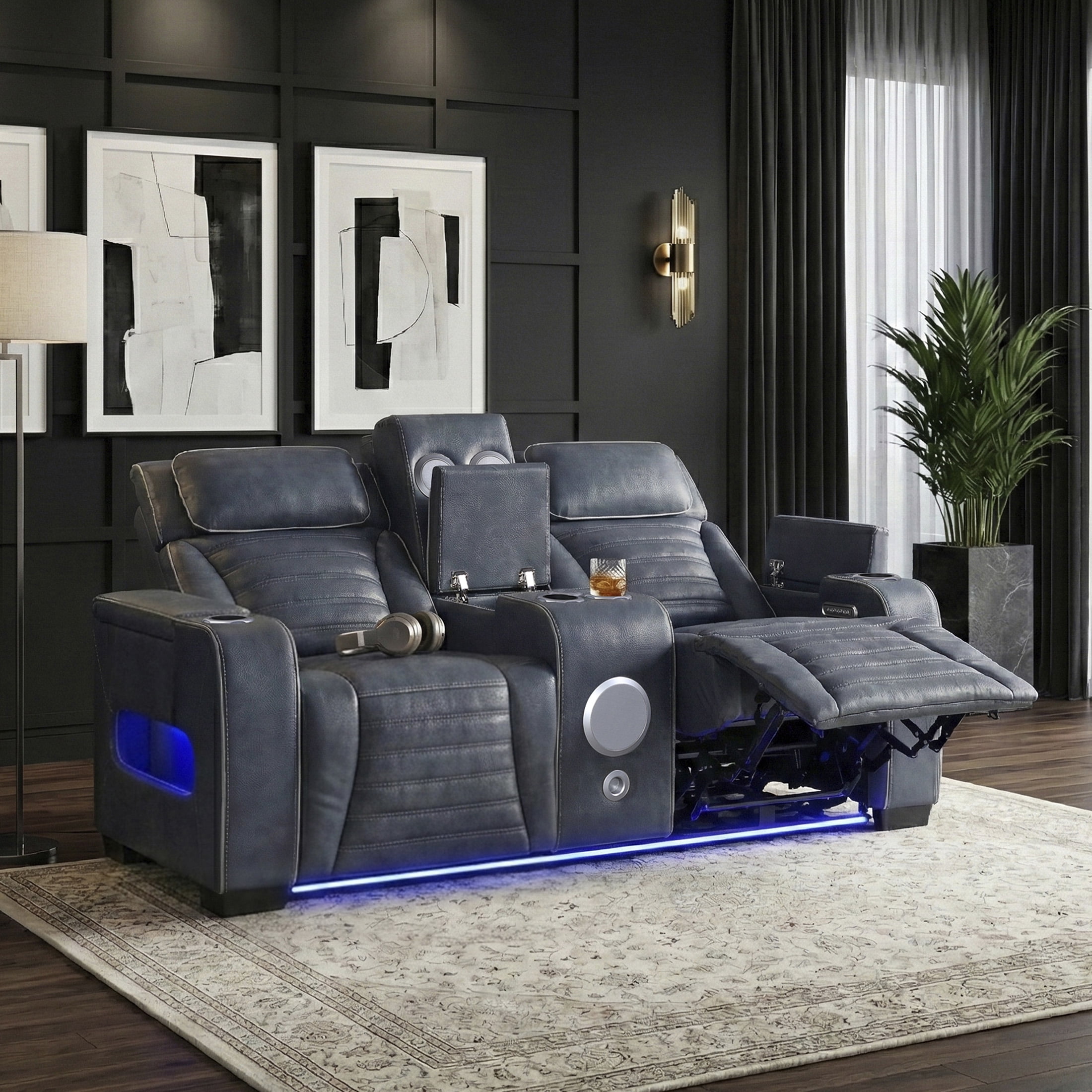 OakvillePark Elantra Leather Match Power Double Reclining Love Seat with Center Console/Power Headrests/Storage Arms/Cup Holders/Wireless speakers/Air Massage/Heat/LED Lighting/Charging Ports, Blue