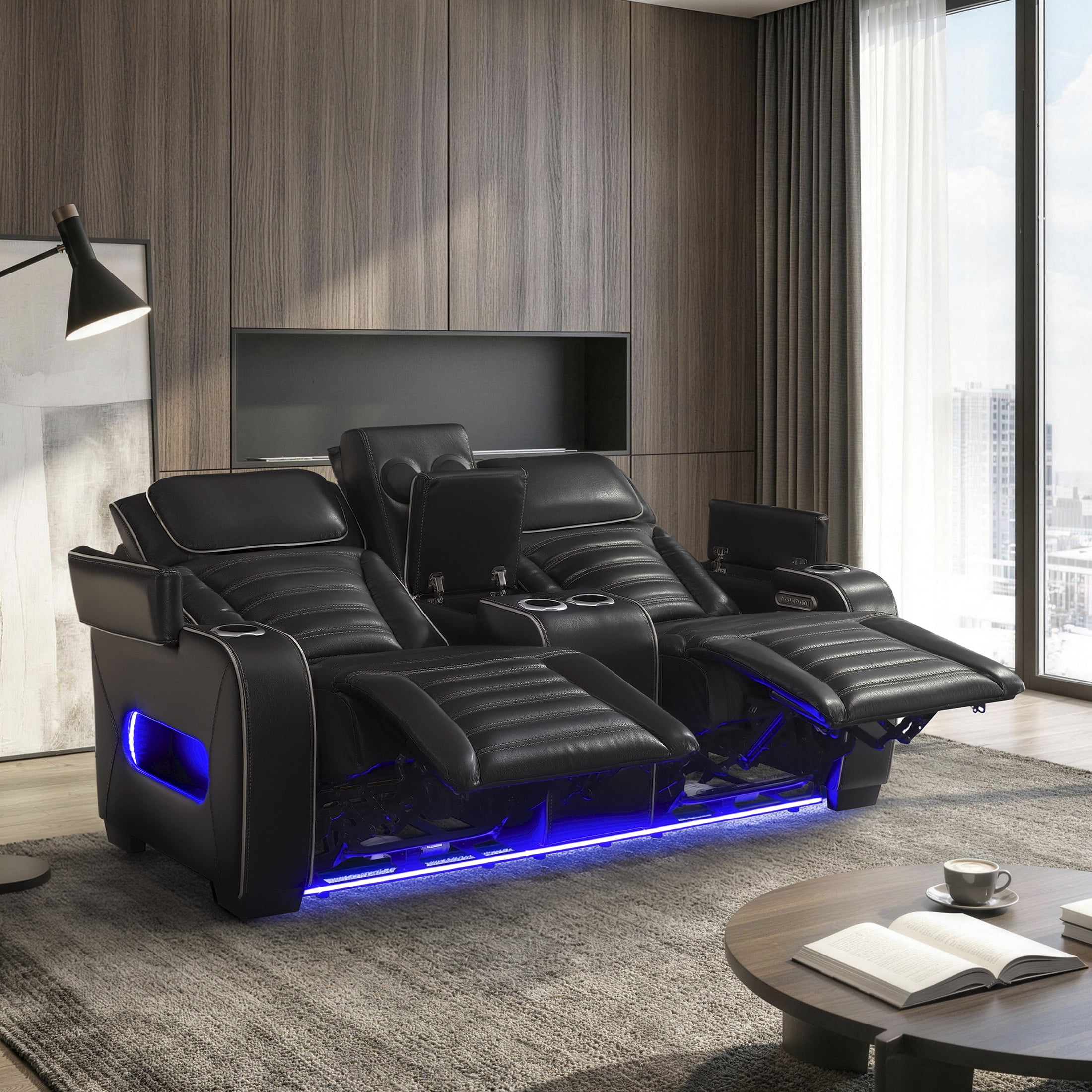 OakvillePark Elantra Leather Match Power Double Reclining Love Seat with Center Console/Power Headrests/Storage Arms/Cup Holders/Wireless speakers/Air Massage/Heat/LED Lighting/Charging Ports, Black