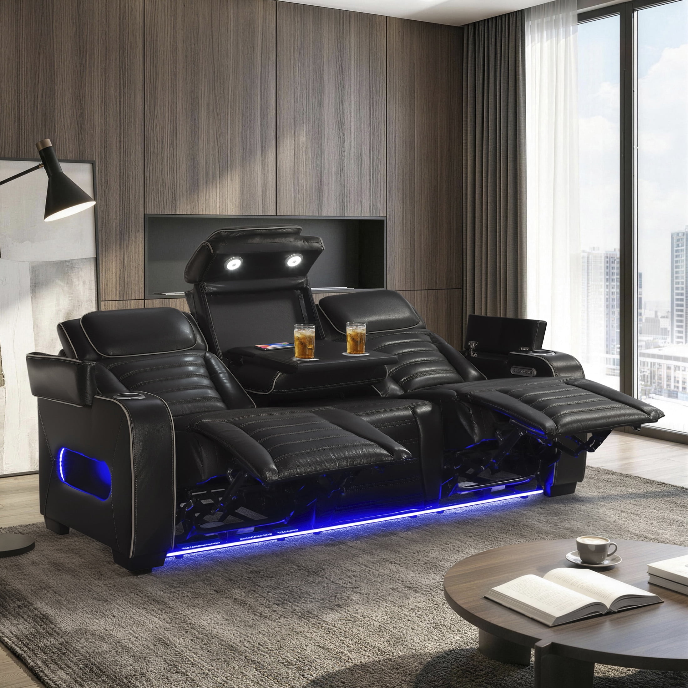 OakvillePark Elantra Leather Match Power Double Reclining Sofa with Center Drop-Down Cup Holder/Power Headrests/Storage Arms/Reading Lights/Wireless Charger/Air Massage/Heat/LED Lighting, Black