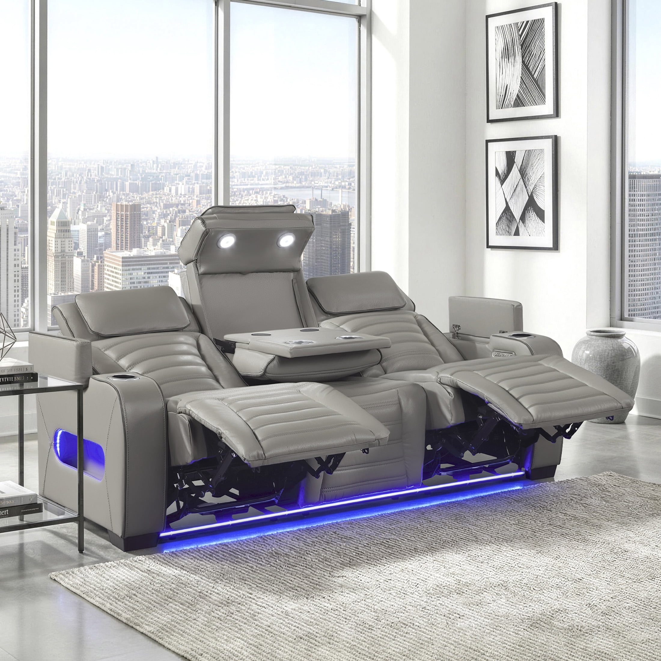 OakvillePark Elantra Leather Match Power Double Reclining Sofa with Center Drop-Down Cup Holder/Power Headrests/Storage Arms/Reading Lights/Wireless Charger/Air Massage/Heat/LED Lighting, Gray