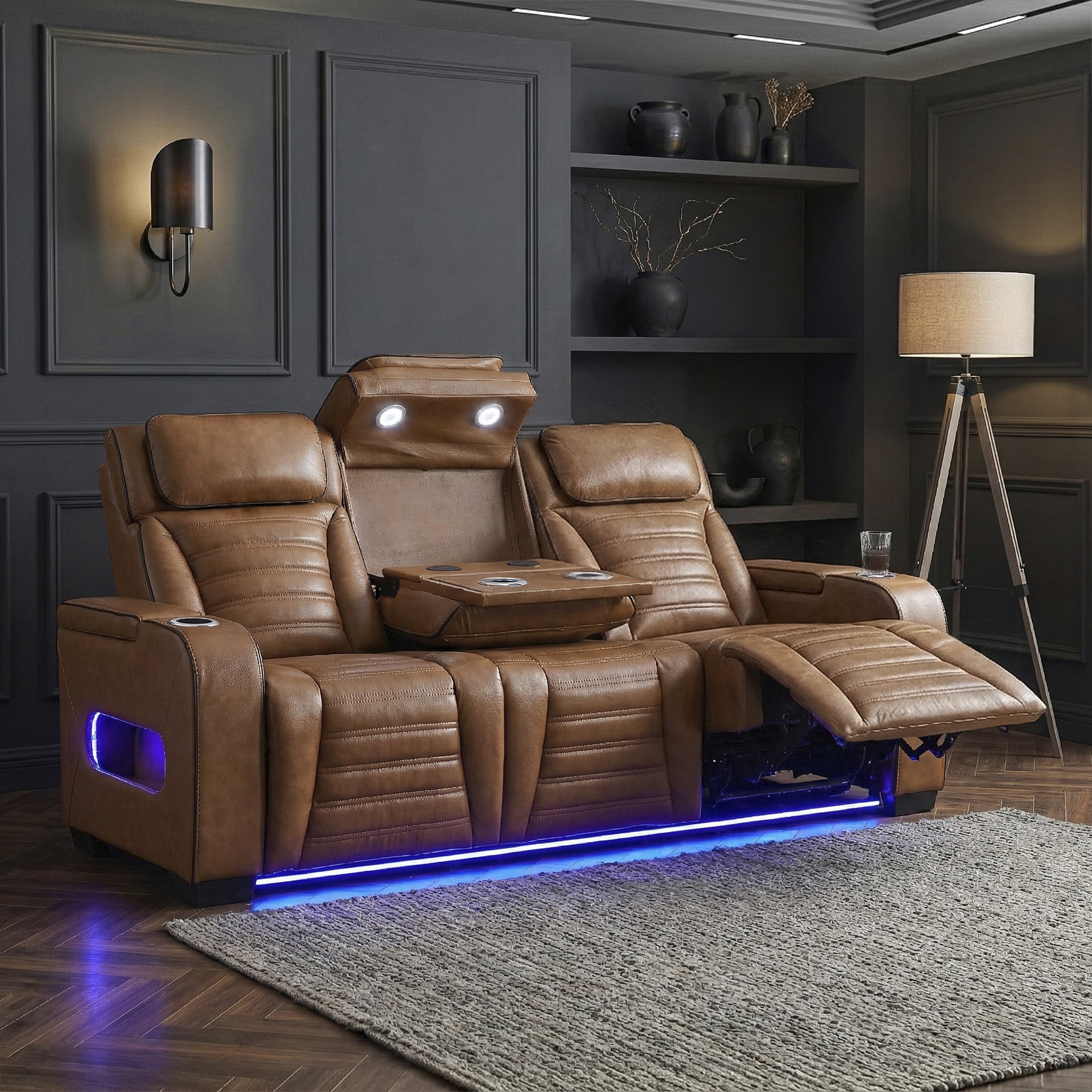 OakvillePark Elantra Leather Match Power Double Reclining Sofa with Center Drop-Down Cup Holder/Power Headrests/Storage Arms/Reading Lights/Wireless Charger/Air Massage/Heat/LED Lighting, Brown