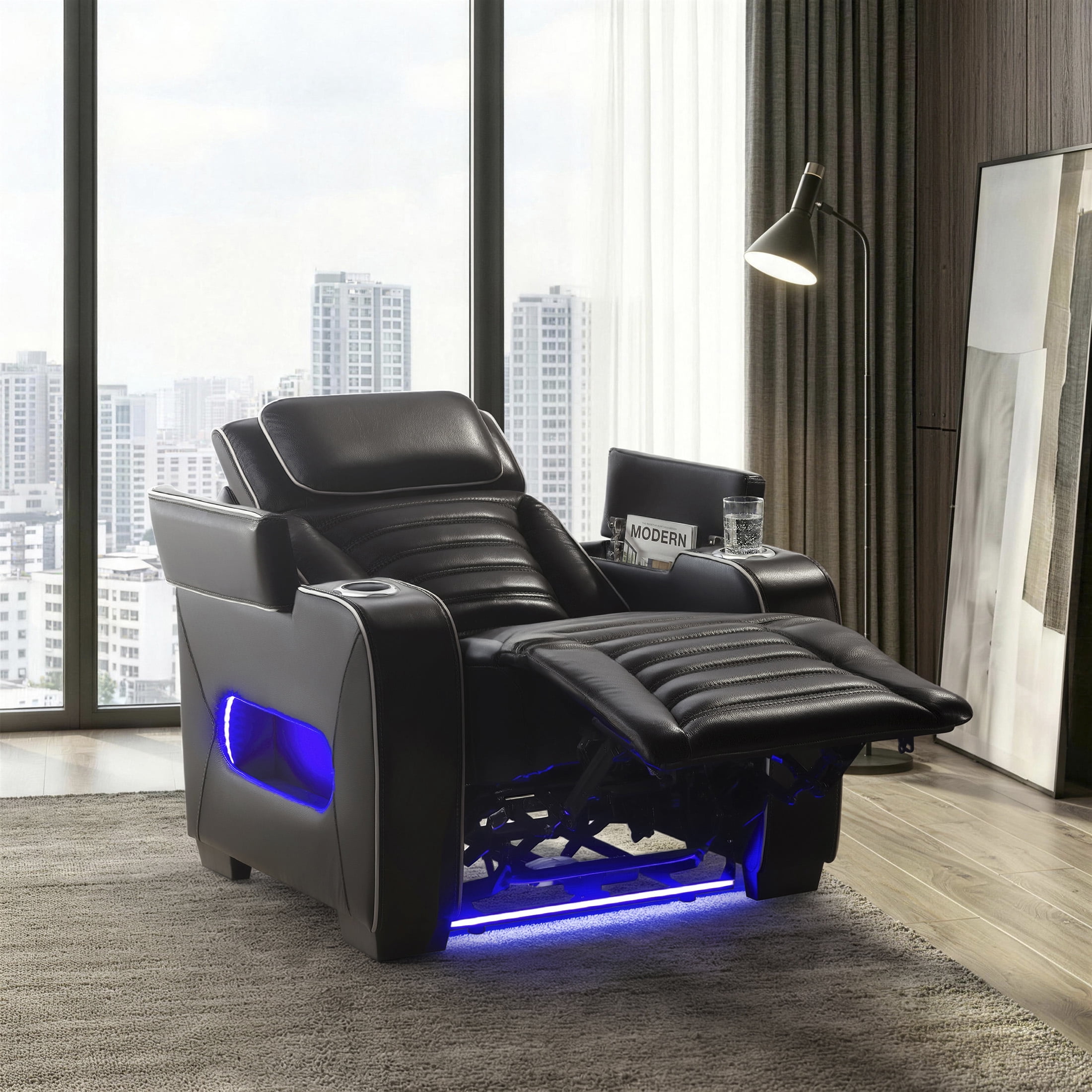 OakvillePark Elantra Leather Match Power Reclining Chair with Power Headrest/Cup holder/Storage Arms/Air Massage/Heat/LED Lighting and Charging Port, Black