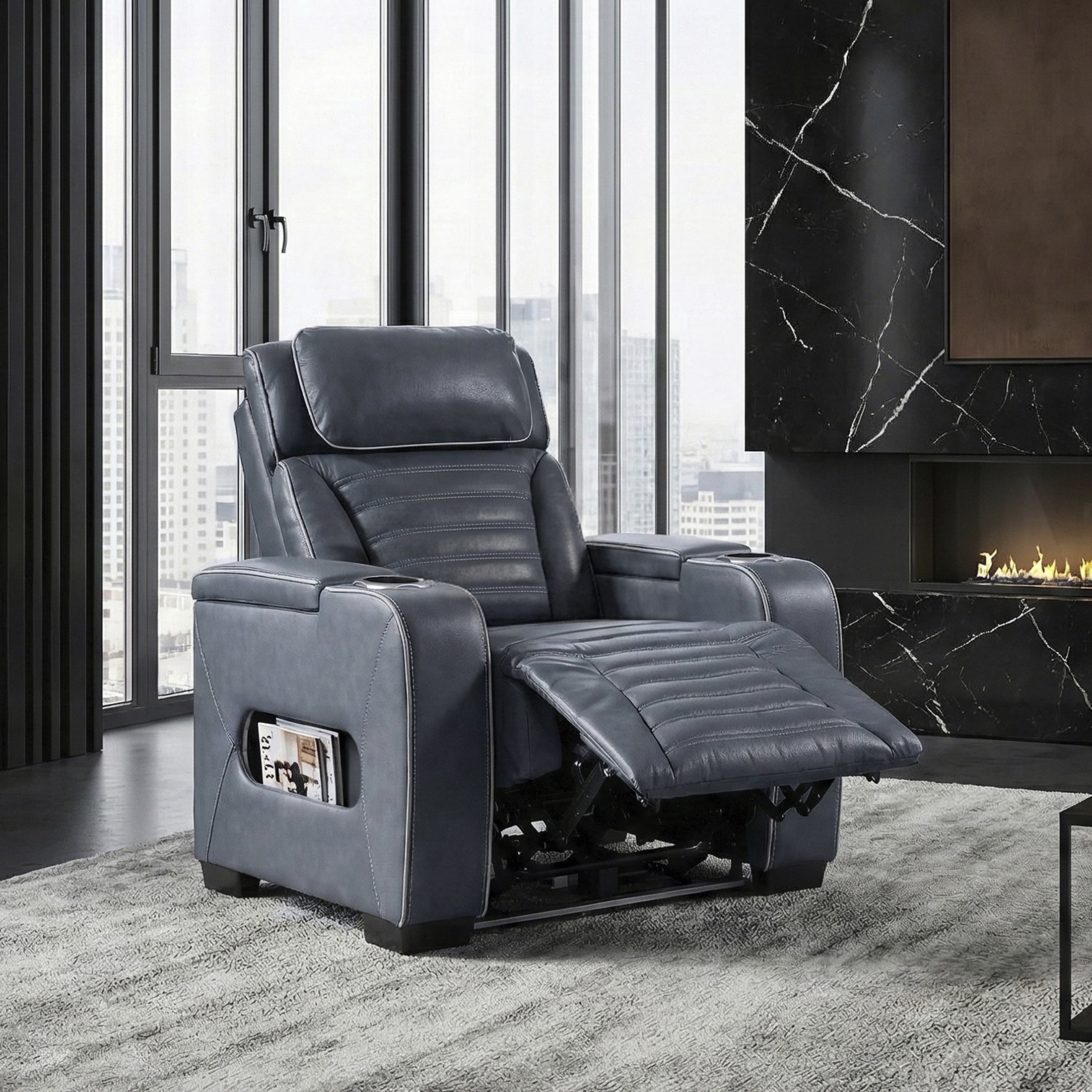 OakvillePark Elantra Leather Match Power Reclining Chair with Power Headrest/Cup holder/Storage Arms/Air Massage/Heat/LED Lighting and Charging Port, Blue
