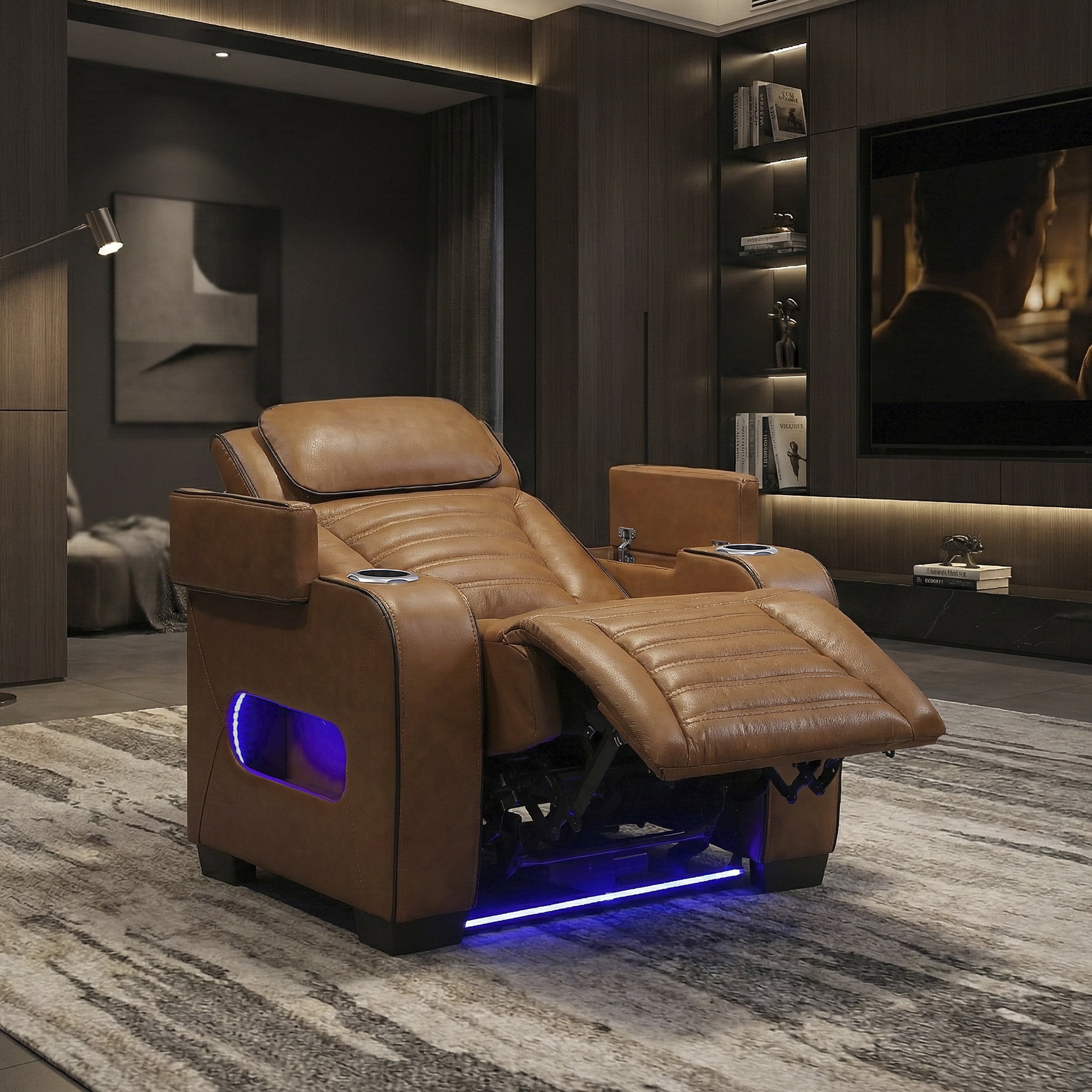 OakvillePark Elantra Leather Match Power Reclining Chair with Power Headrest/Cup holder/Storage Arms/Air Massage/Heat/LED Lighting and Charging Port, Brown