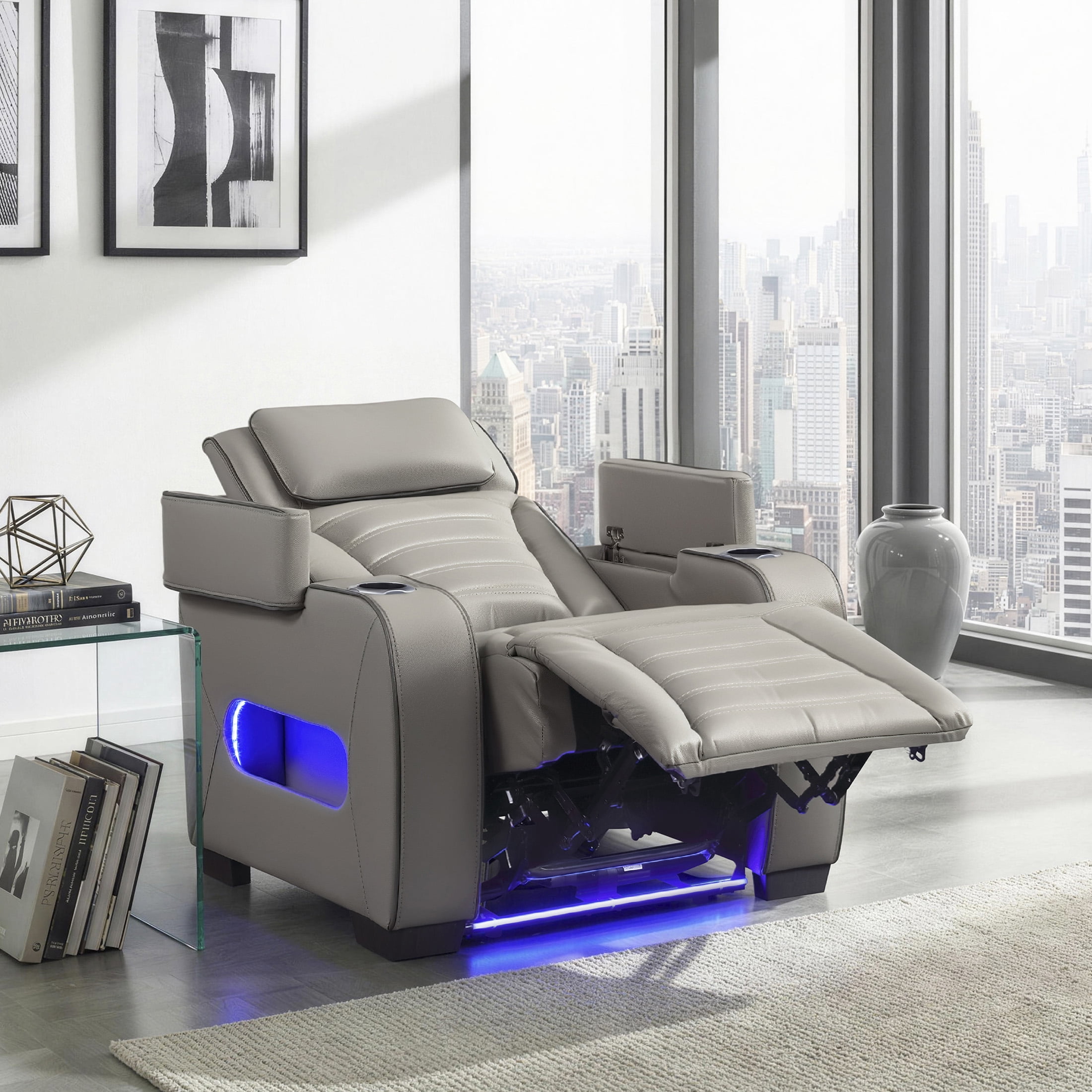OakvillePark Elantra Leather Match Power Reclining Chair with Power Headrest/Cup holder/Storage Arms/Air Massage/Heat/LED Lighting and Charging Port, Gray